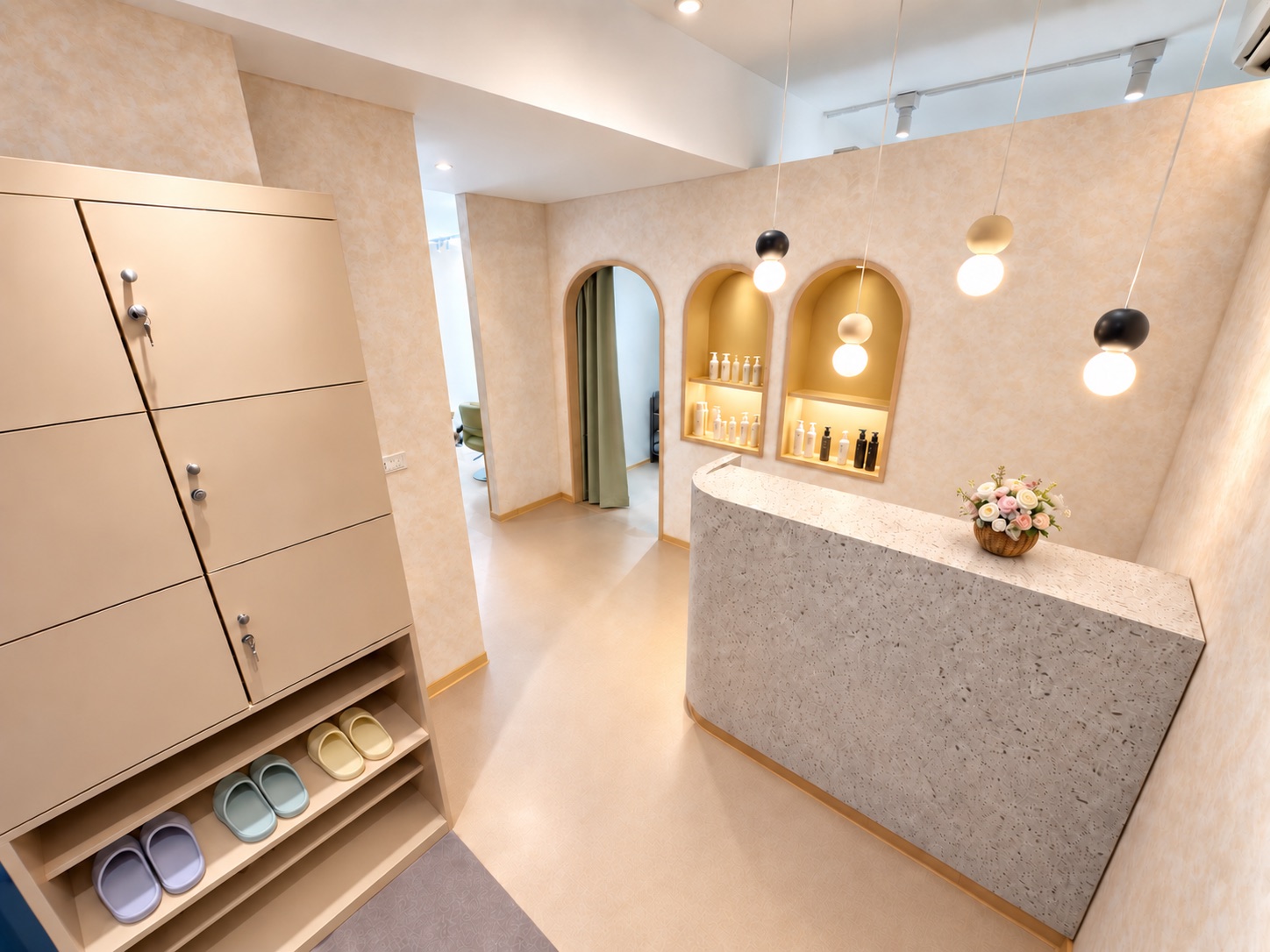 Reception counter and product shelves at Nn hair salon